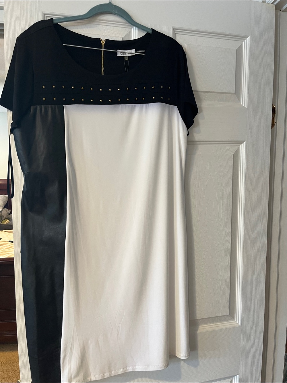 Calvin Klein sheath Black & White Colorblock Midi Dress with Stud Detail
